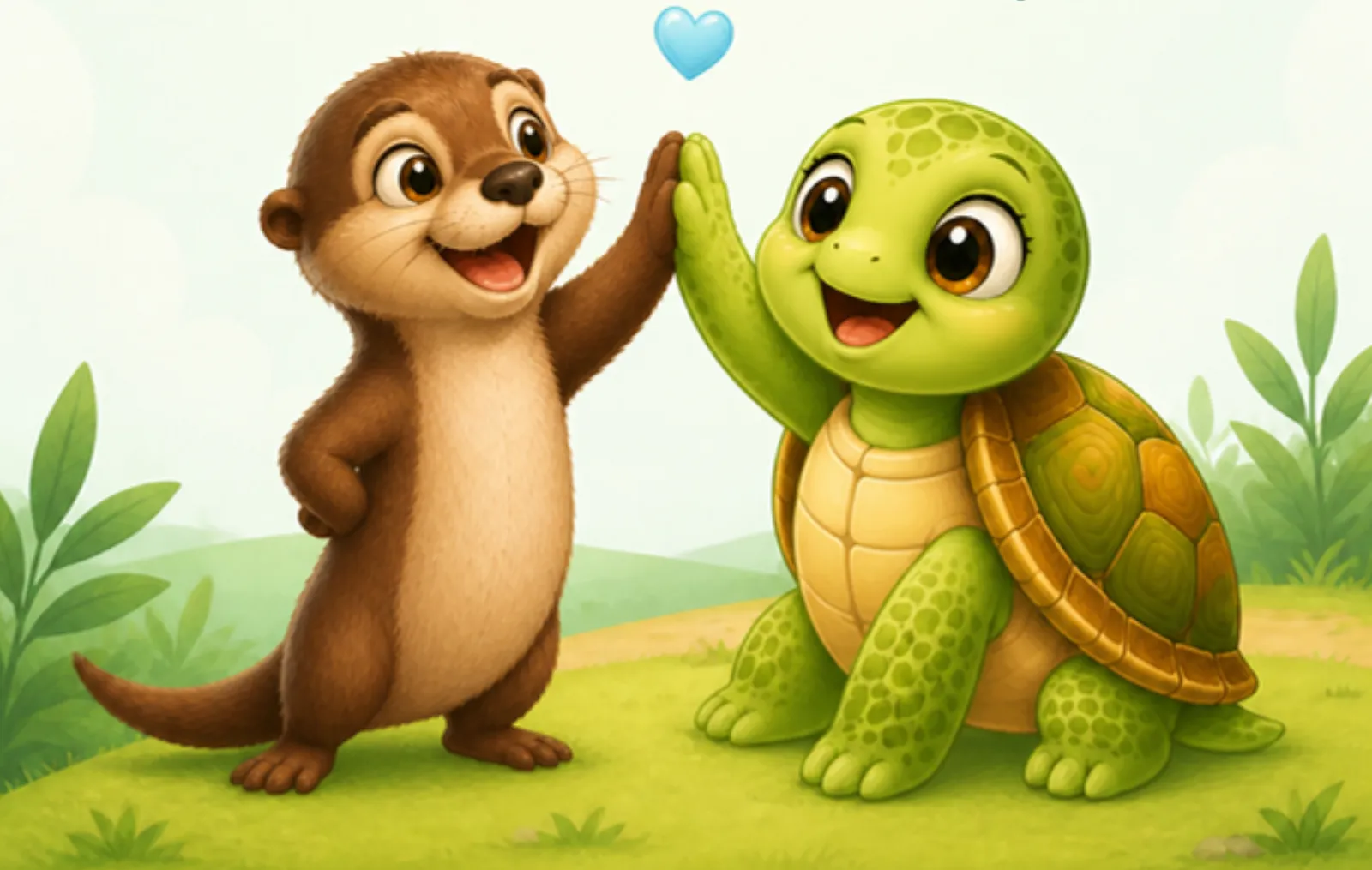 Rew the turtle and Leo the otter high-fiving in a meadow